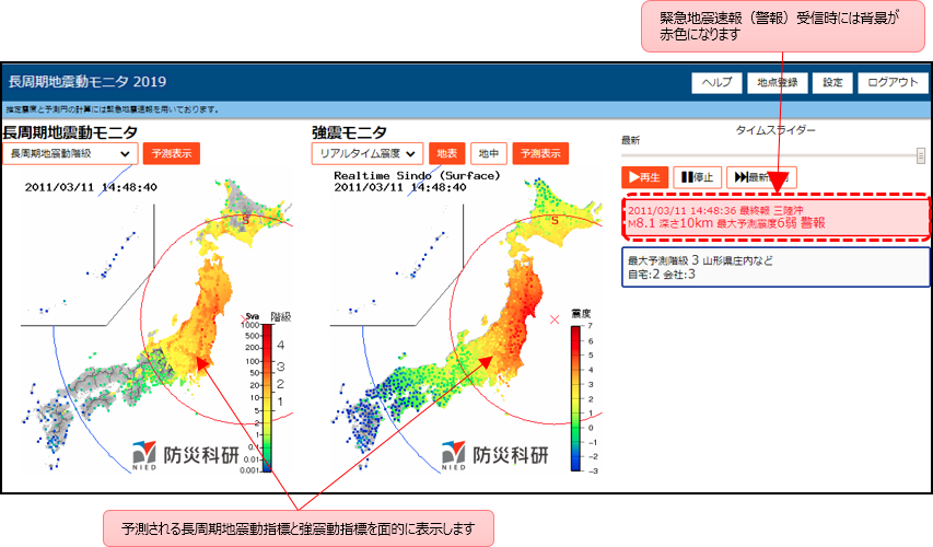 緊急地震速報(警報)受信時の表示例